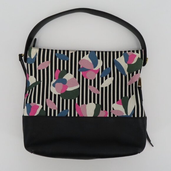 Fossil Maya Hobo Black Pebbled Leather Stripe Flower Floral Canvas Shoulder Bag - Picture 13 of 16